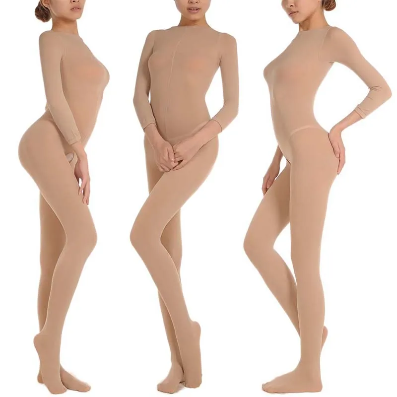 Dance bottom socks, warm one-piece stockings, sexy thickened flesh colored long sleeved open cut one-piece stockings