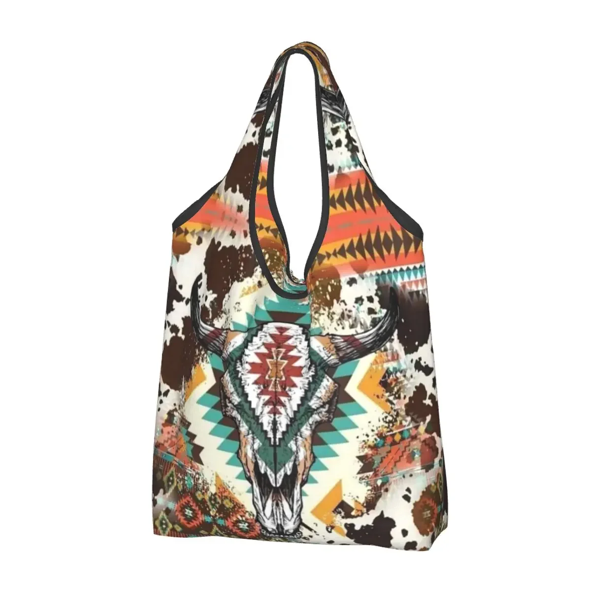 Aztec Cow Print Bull Skull Portable Tote Shopping Bags Large Capacity Shopper Bag Grocery Handbag Shoulder Bag