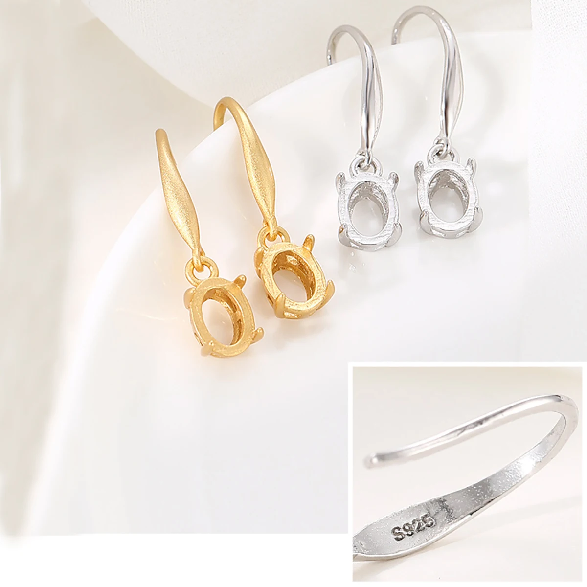 925 Sterling Silver Dangle Earring Bezel Settings for 6X8/8X10mm Cabochon Cameo DIY Ear Hooks Base Blank for Jewelry Making