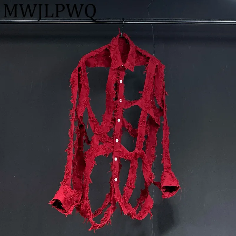 MWJLPWQ تصميم الحافة الخام قمصان أنيقة الذكور الجوف خارج المتخصصة الشارع الشهير كم طويل التلبيب الخريف بلايز عادية موضة 11850