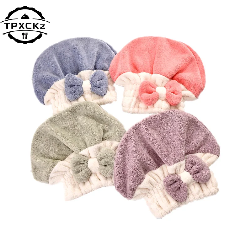 Coral Velvet Quick Hair Drying Towel Bowknot Wrap Towel Hat Cap Thicken Bonnets for Women Bathroom Accessories Solid Color Towel