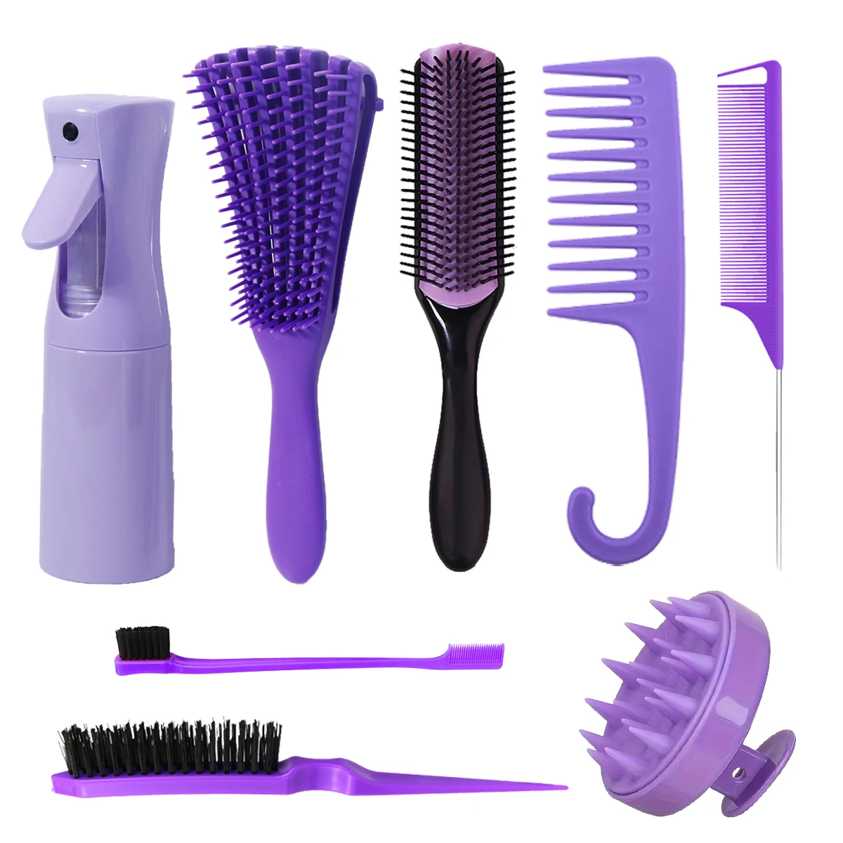 

8-piece hair styling set, including hair brush, shampoo brush, spray bottle, wide tooth comb and rat tail comb