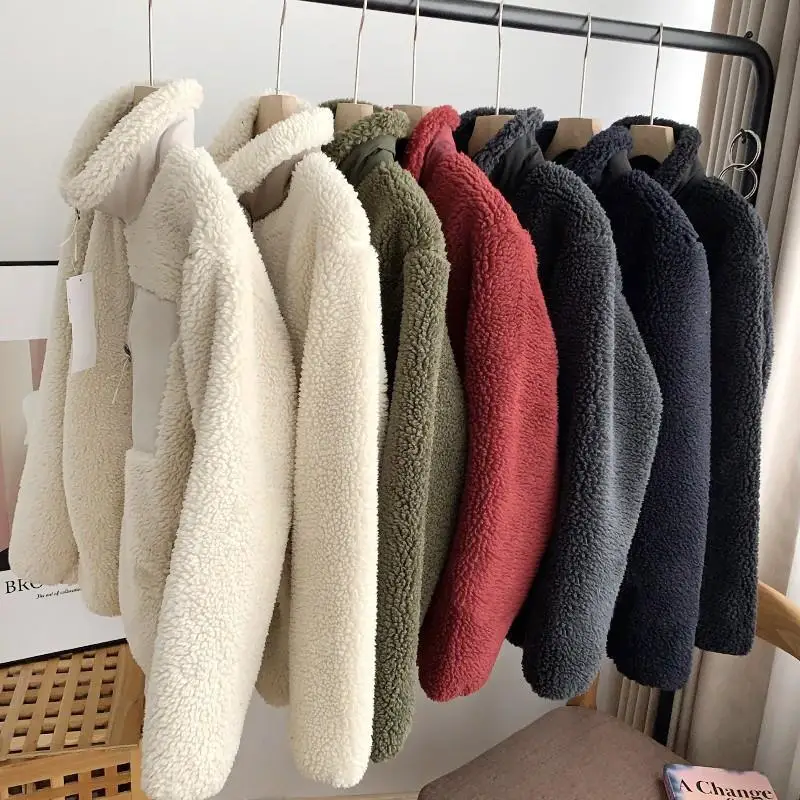 Autumn and Winter Japanese Men\'s and Women\'s Fleece Stand Neck Jacket Couple Zipper Loose Warm Lamb Wool Coat Solid Color Jacket