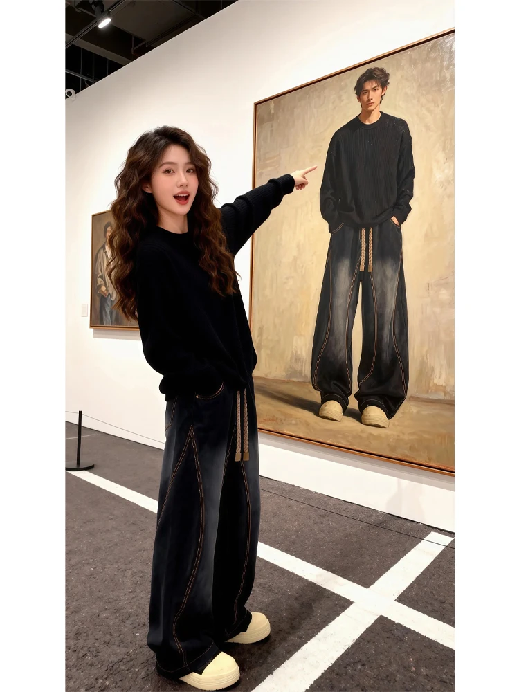 

Teenage Boys Loose Wide Leg Jeans Elastic Waist Knife Waed Straight Leg Micro Flared Pants Casual Wear Resistant Defor...