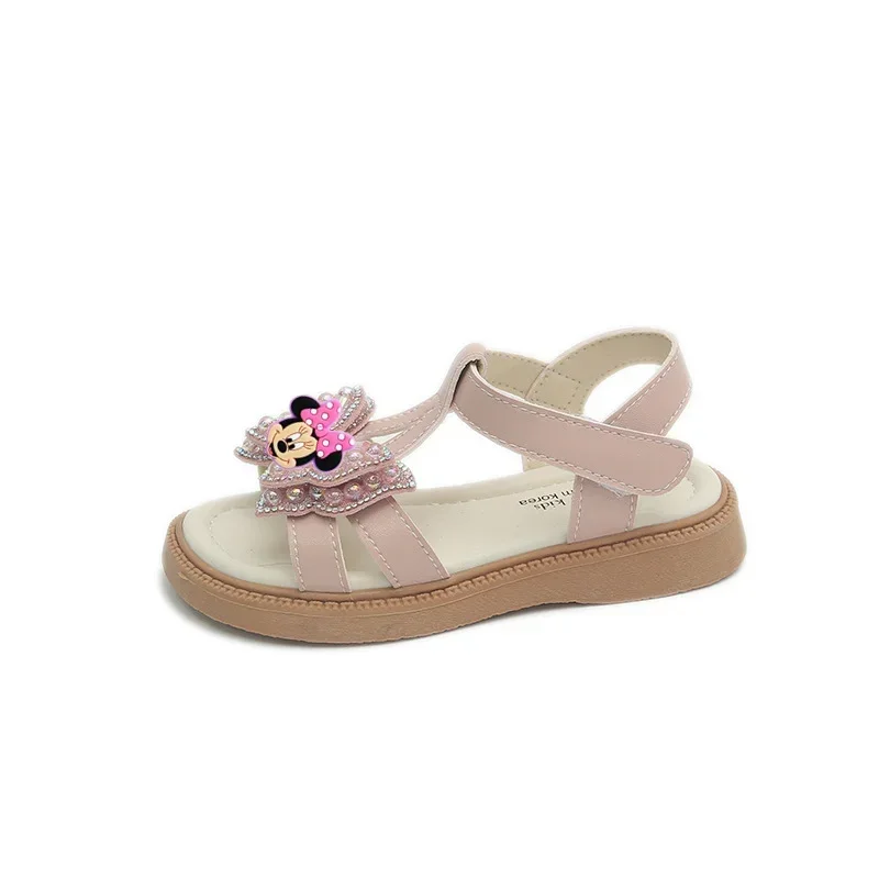 Sandales Disney tureMouse Minnie pour enfants, semelle souple, nœud d'été, nickel é, mode perle, chaussures de princesse pour filles, nouveau