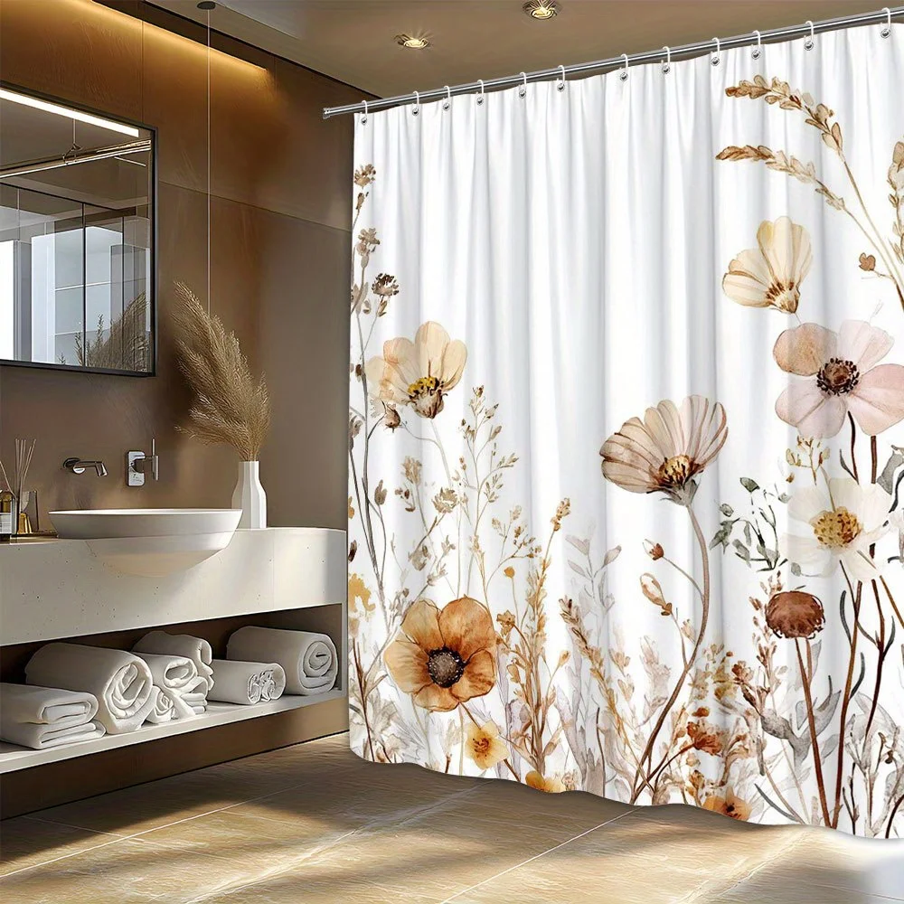 

1 шт. Осенняя занавеска для душа с цветочным принтом — бежевый, коричневый и бледно-розовый, акварельный дизайн, полиэстер, можно стирать в машине