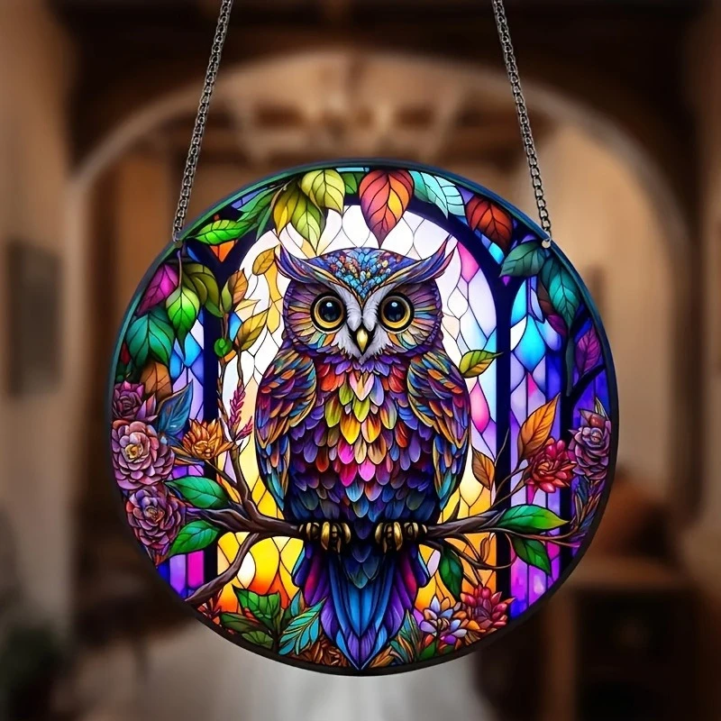 Charmanter Eulen-Sonnenfänger aus Acryl für Zuhause, Garten, Dekoration, Buntfenster, hängender Anhänger, Glas, runde Schilder, Wandkunst, Ornament