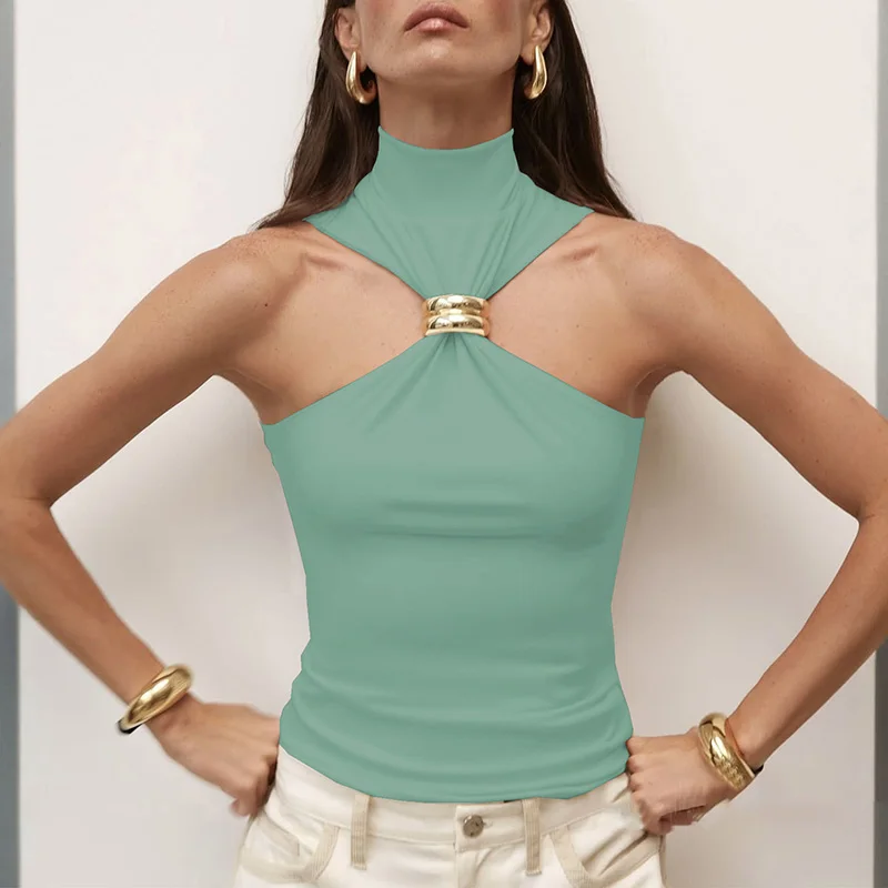 

Fashion Turtleneck Sleeveless Slim Fit Blouse Women Elegant Commuting Solid Color Tops Summer Casual Draped Golden Buckle Shirt