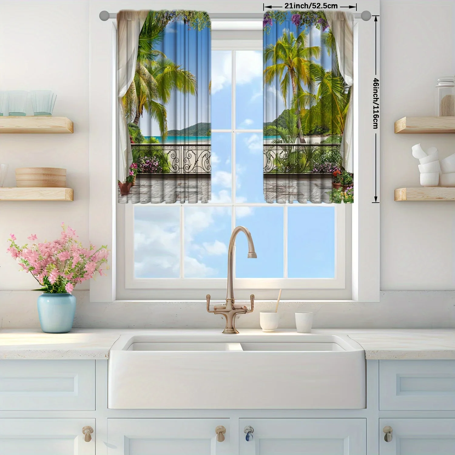 2pcs Fashionable Balcony Scenery Printed Curtain for Home Decor - Rod Pocket Window Treatment for Bedroom, Office and Kitchen