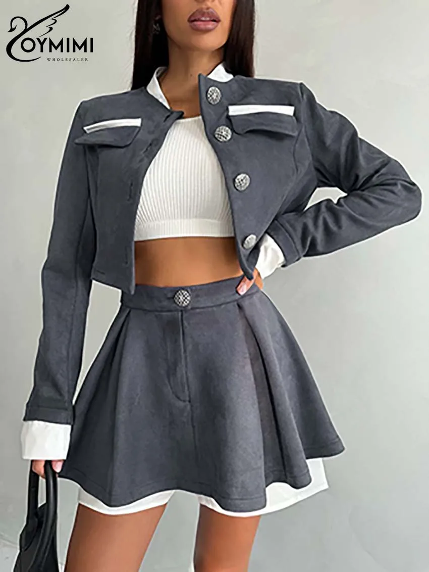 Oymimi Elegant Grey Patchwork Women 2 Piece Set Outfit Fashion Long Sleeve Pockets Button Crop Shirts And Pleated Mini Skirts