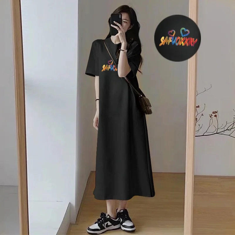 Summer Women Black Maxi T Shirt Dress Colorful Heart Letter Print Round Neck Short Sleeve Casual Daily Long Dress