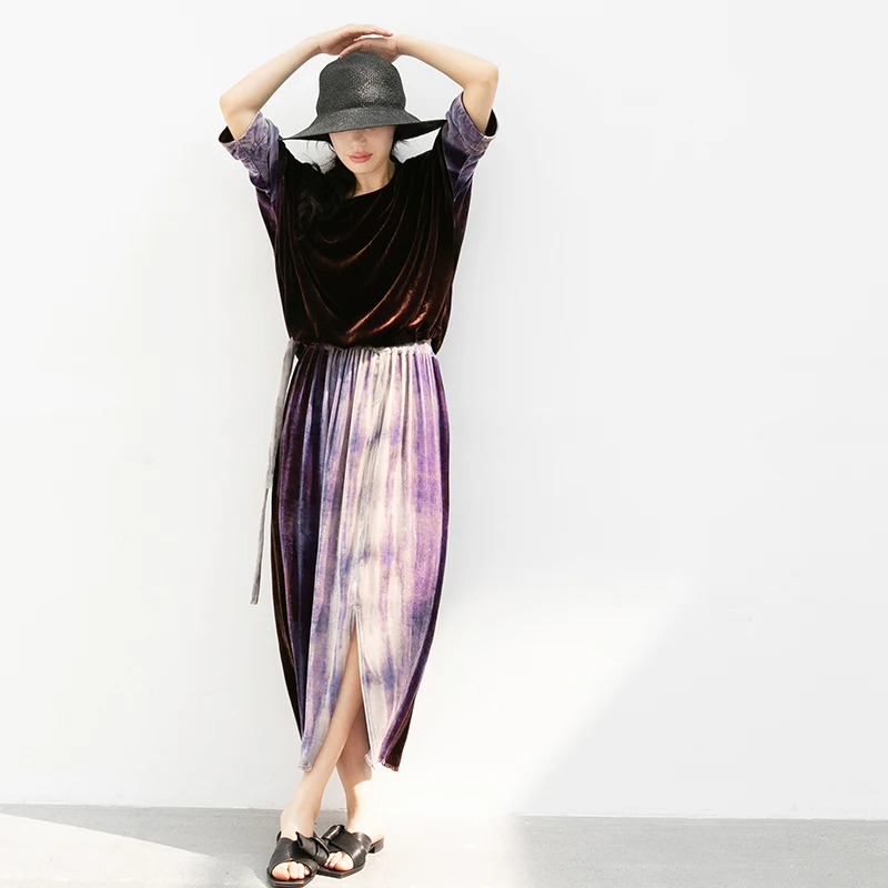 

New Le Collection Handmade Velvet Long Straight Skirt Elastic Waist Brued Color adient Purple A-Line Skirt Commute Sle