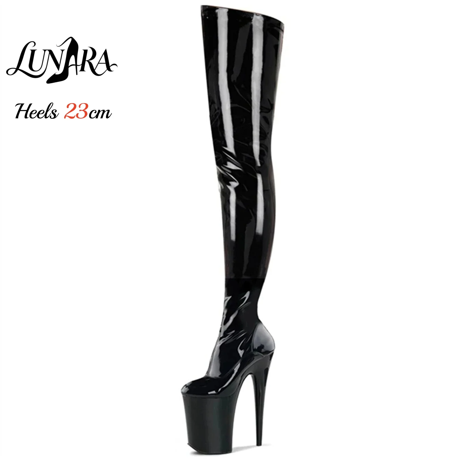 

23cm/9Inch Extreme Height Black Patent Platform High Heel Over The Knee Boots Zipper Pole Dance Nightclub Women's Non-slip Rave