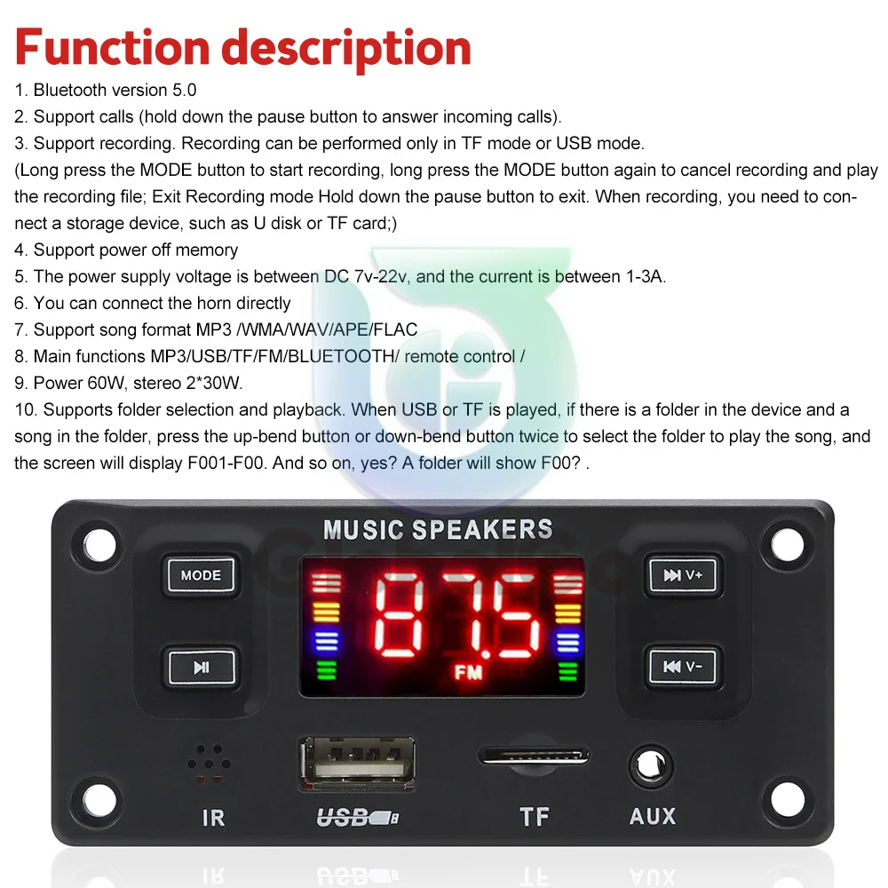 DC7V-22V 2*30W 60W amplificatore vivavoce lettore MP3 scheda di decodifica Bluetooth 5.0 auto FM Radio modulo supporto FM TF registratori USB