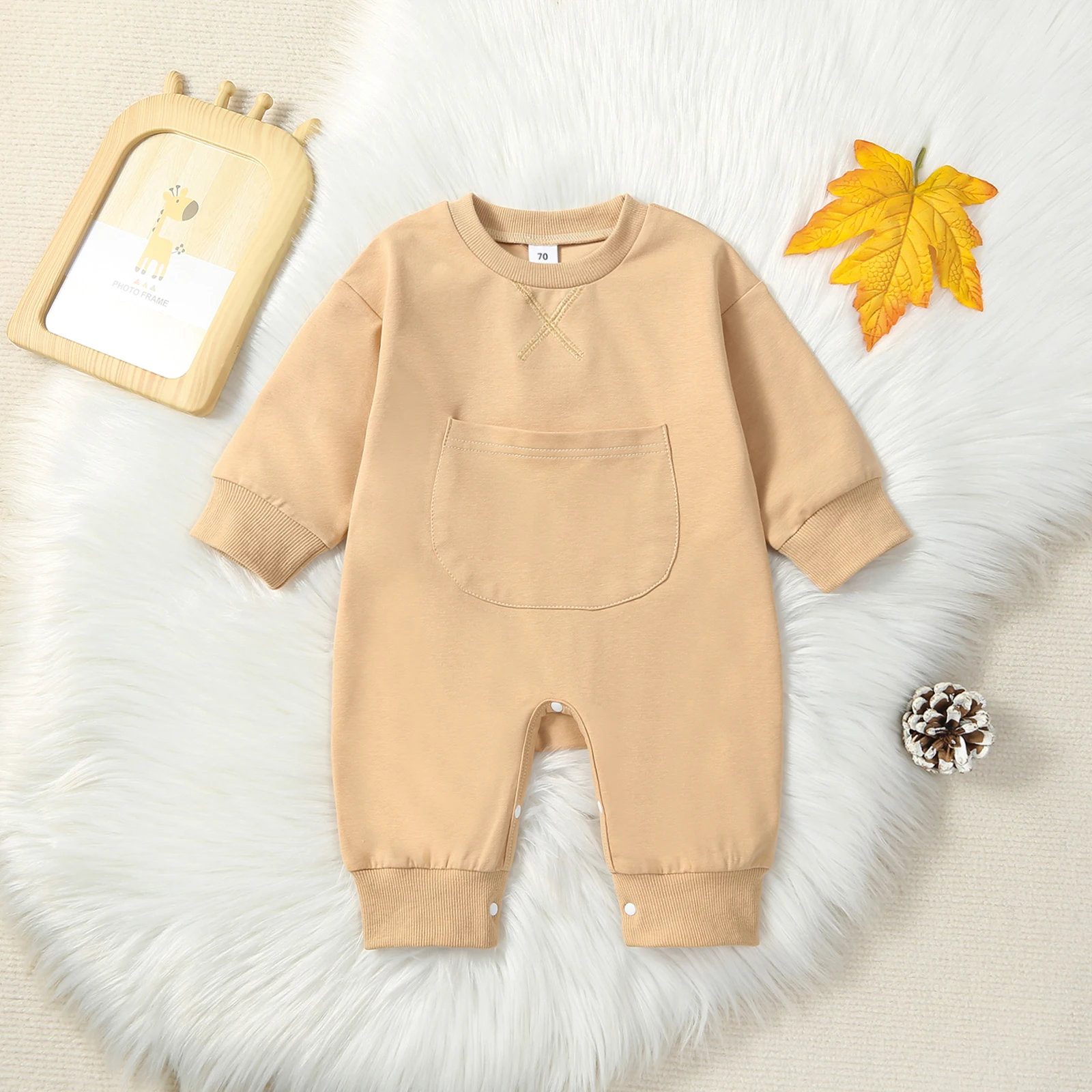 Mildsown Baby Boys Girls Fall Jumpsuits Cute Solid Color Long Sleeve Front Pocket Rompers Newborn Casual Sweatshirt Outfit