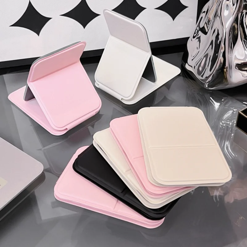 Simple Desktop Makeup Mirror PU Leather Portable Handheld Makeup Mirror Foldable Student Compact Cute Pocket Mirror  Solid Color