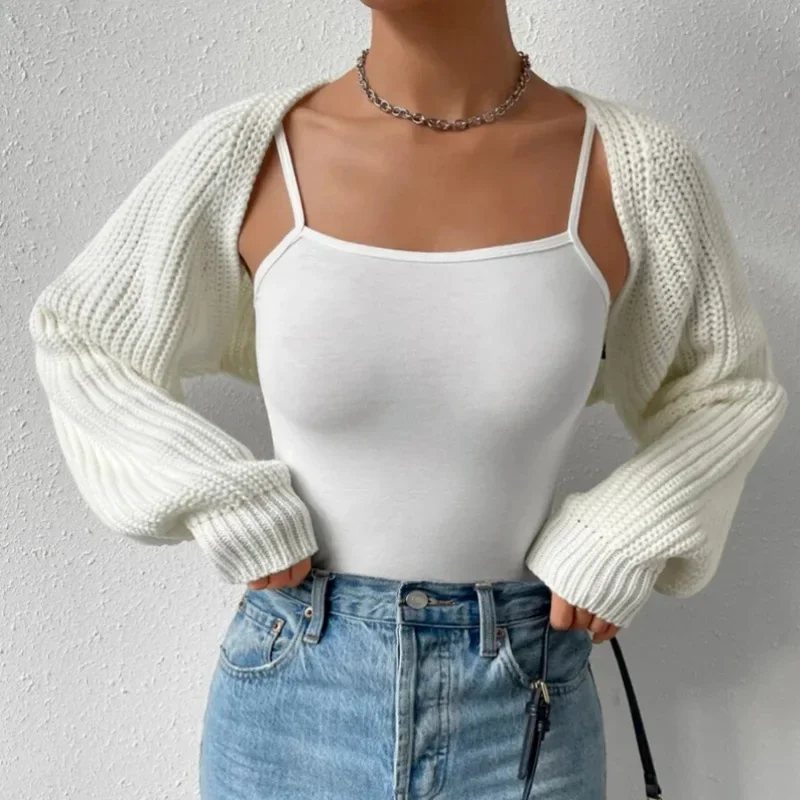 

Korean Fashion Women's Open Front Bolero Shrug Long Sleeve Solid Color Cropped Cardigan Knit Shrug Sweater