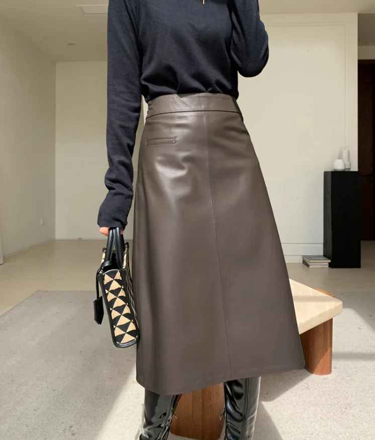 

2023 Genuine Leather Skirt for Women's Spring New High Waisted and Minimalist A-version Versatile Slim Sheepskin Skirt Half Leng