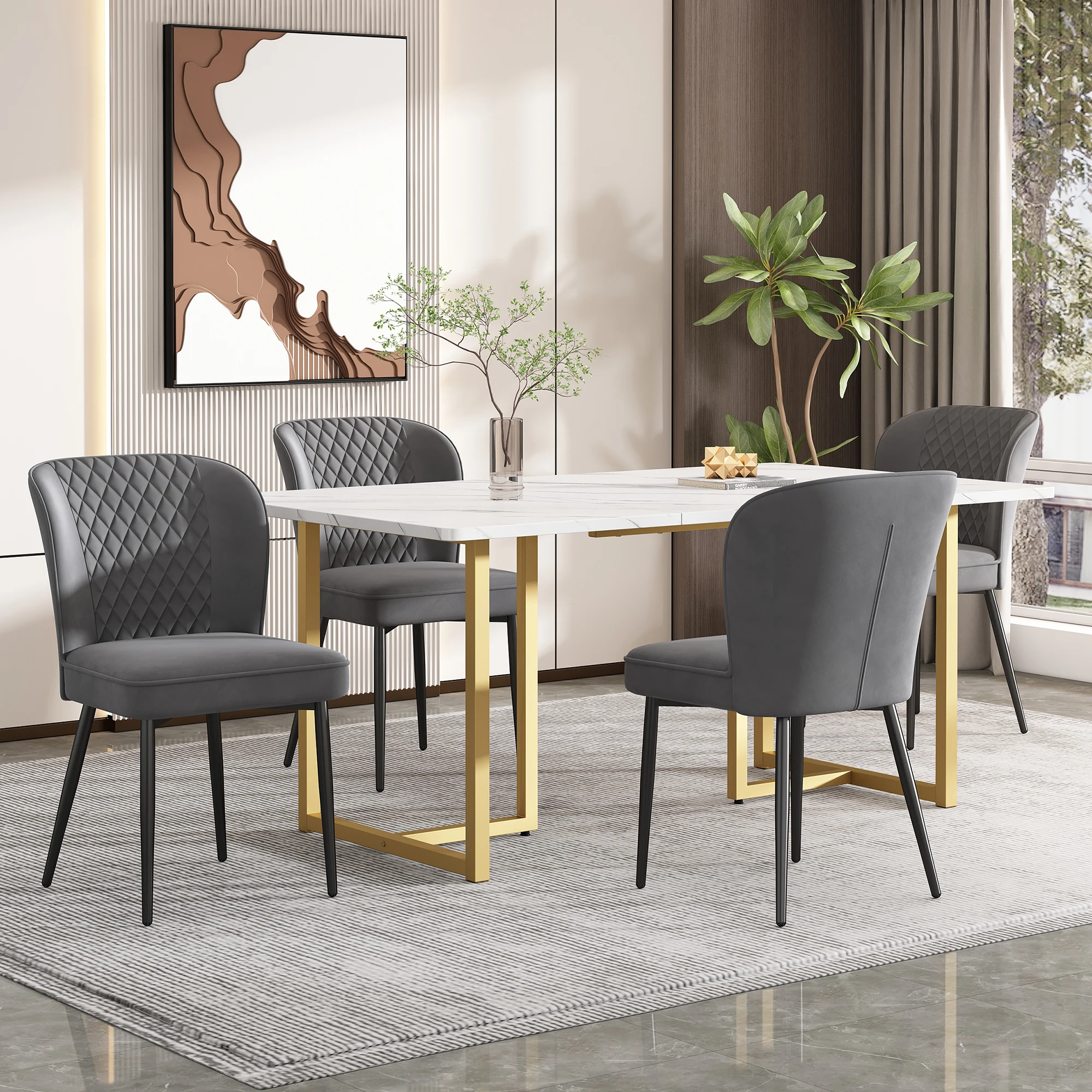 VSOGA Dining Group (Set, 140 × 80 × 75 cm dining table with 4 Chairs) Dark Grey Velvet Dining Chairs, L Shaped Golden Table Legs, MDF Tabletop