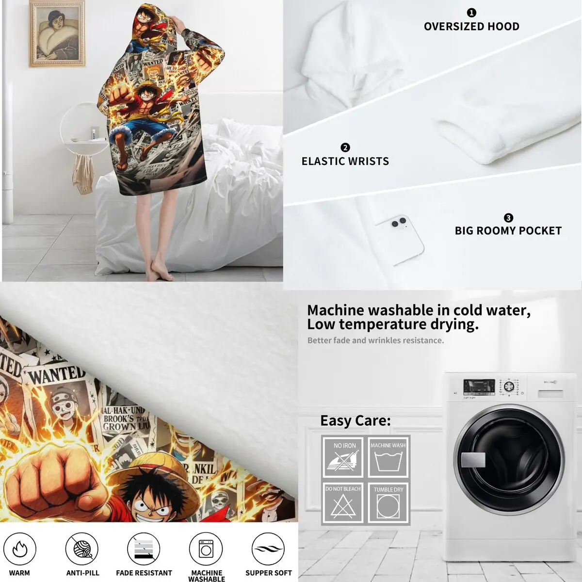 Luffy zoro tony chopper anime wearable cobertor com capuz para mulheres homens quente aconchegante cobertor moletom grosso velo com capuz cobertor