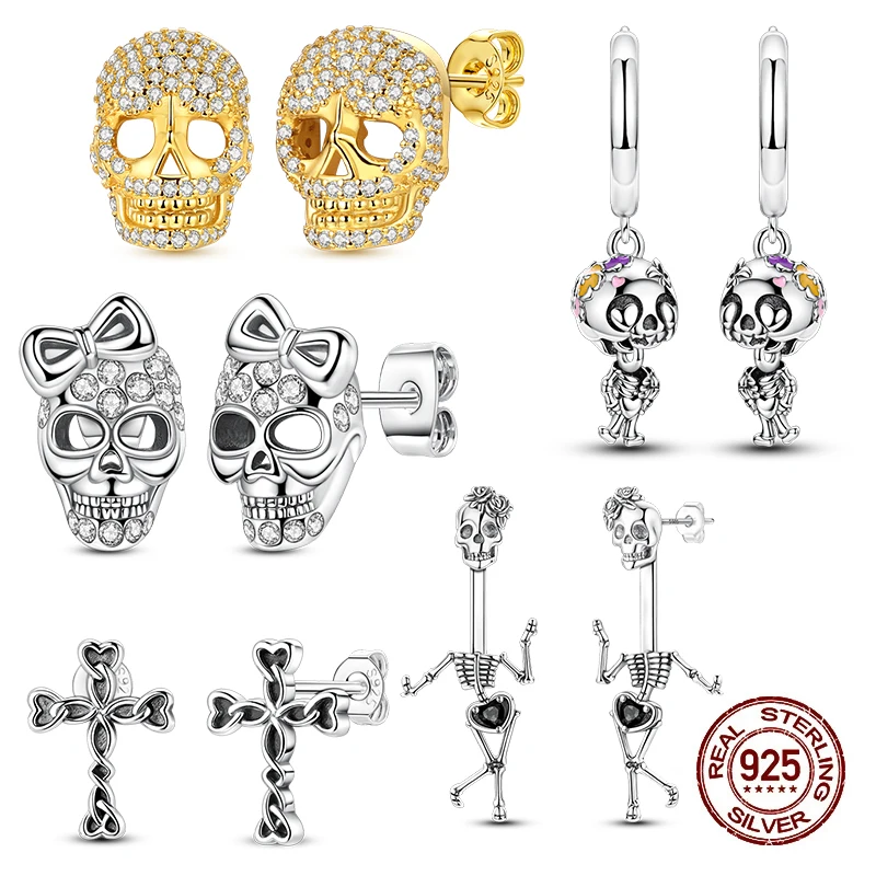 

Серия Хэллоуина, серьги-кольца из стерлингового серебра 925 пробы со скелетом, серьги-гвоздики с цирконием и черепом для женщин, модные вечерние ювелирные изделия, ювелирные изделия