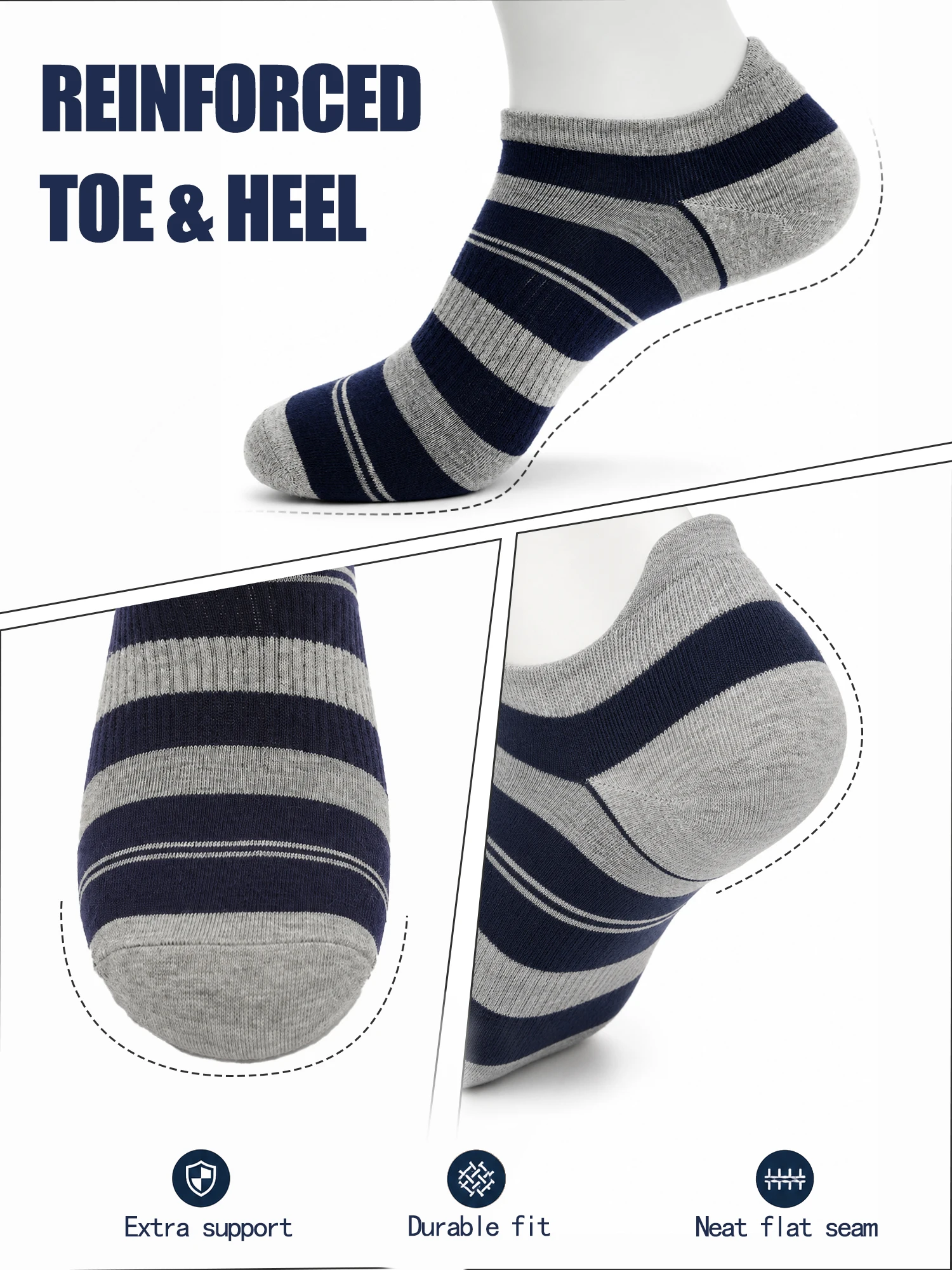 1/3/6 Pair Men's Blue Grey Striped Ankle Socks Breathable Cotton Cushioned Low Cut Running Sports Non Slip Moisture Wicking Gift - view 2