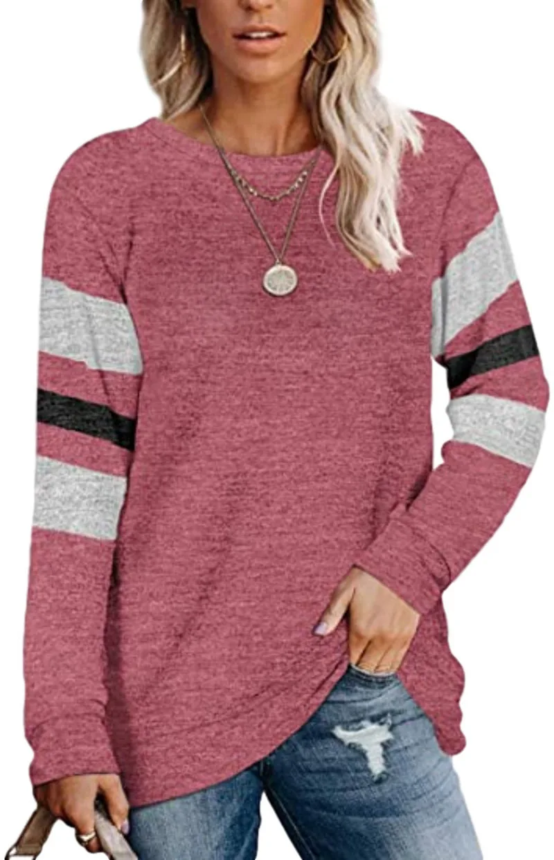 Women's new long sleeved patchwork round neck casual printed T-shirt top for women