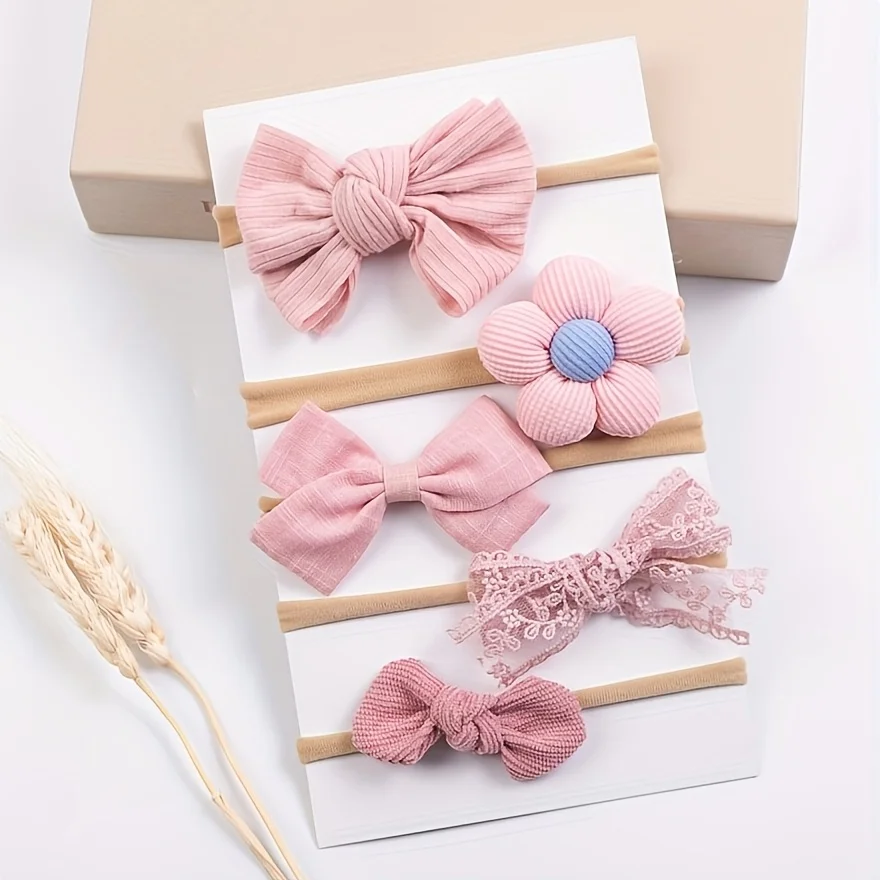 

5Pcs/Set Baby Elastic Headband Newborn Apricot Flower Bow Nylon Hair Bands for Girls Infant Toddler Soft Hair Accessories Gift