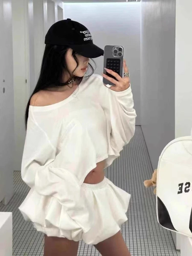 Summer Off Shoulder Fashion Outfit Solid Set Women Y2k Long-sleeve T-shirt + Bubble Short Skirt Suit Harajuku Casual 2-piece Set