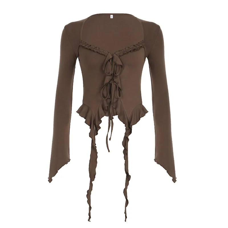 

European and American Style Solid Color Ruffled Patchwork Square Neck Flared Long Sleeve-Shirt 2025