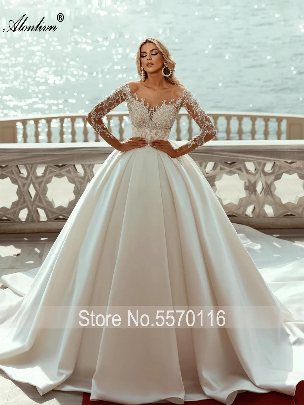 Alonlivn-Robe de Rhde luxe en satin avec perles et appliques, manches longues, tenue de mariage, nouvelle collection