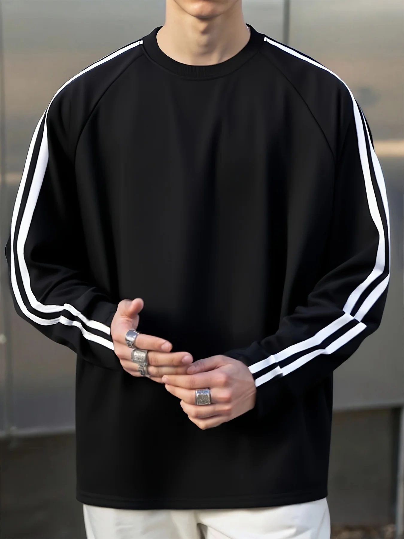 Men's college sport simple striped solid color is suitable for autumn sports style School-style long-sleeved casual T-shirt