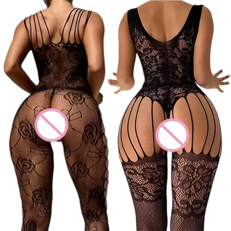 Black Crotchless Soft Stretch Body Stockings Lace Sheer Lingerie Night Dress Women Sexual Wear Embroidery Fishnet Sexy Underwear