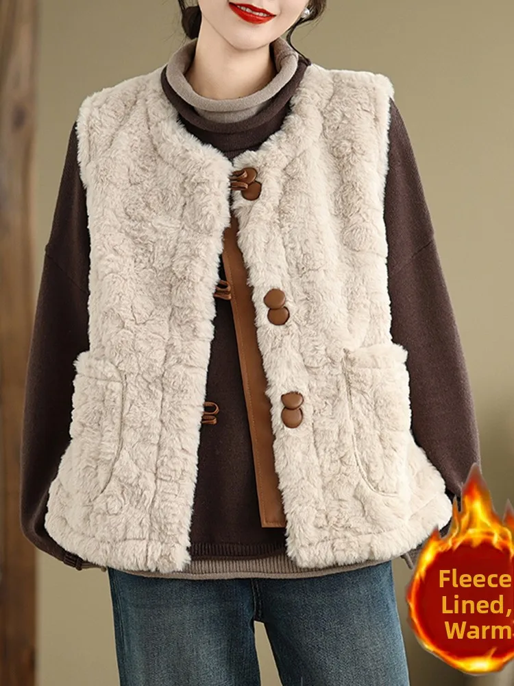 

Women's Faux Lamb Fur Vest 2024 Winter Retro Thiened Warm Inteated Leather And Fur oulder Coat Top Button round Ne Pu...