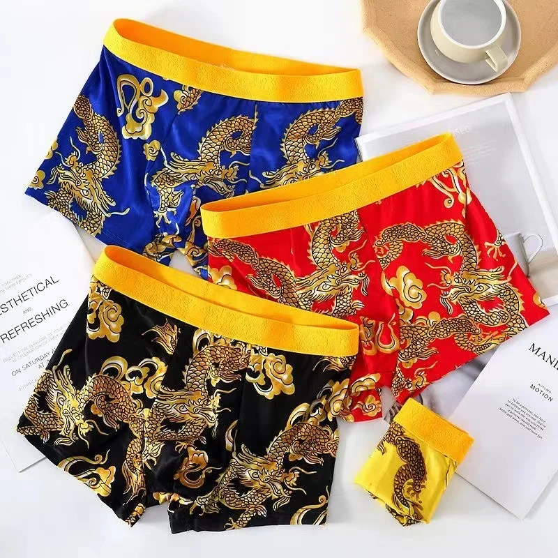 Sous-vêtements classiques à motif de dragon pour hommes, quatre saisons, short empereur chinois, homme chanceux et drôle, boxers à entrejambe en U,