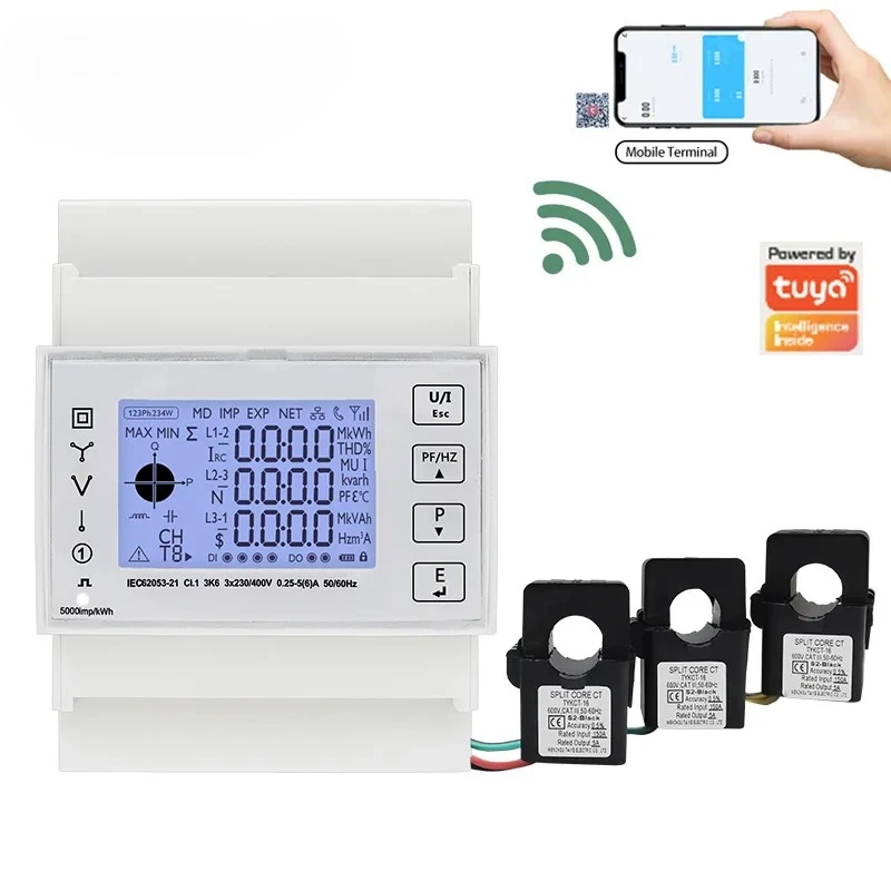 Smart Electric Energy Wattmeter Meter 3 Phase kWh Bidirectional Meter With Three KCT16 Current Transformers 230/400VAC