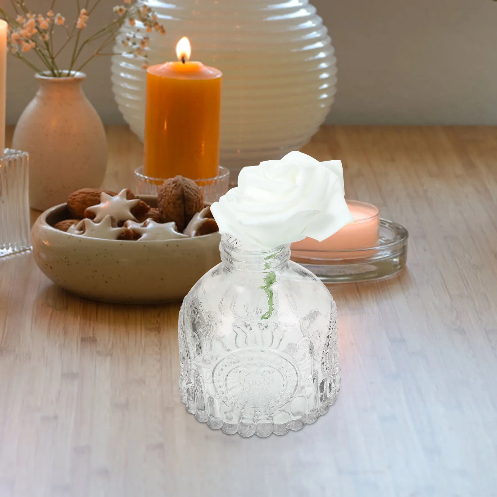

6Pcs Embossed Clear Glass Mini Vases Small Decorative Flower Hydroponic Bottle Tabletop Vase for Home Office Desk Decoration