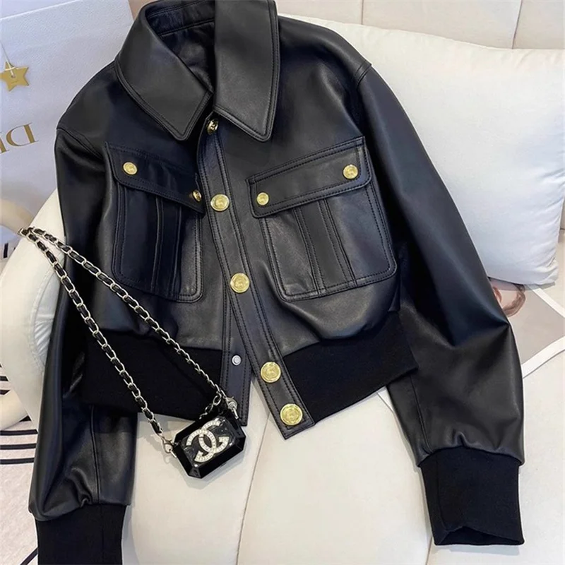 تصميم تحسس الأسود التلبيب بولي Leather سترة جلدية المرأة 2025 معطف قصير ربيع الخريف دراجة نارية أبلى سترة جلدية جاكيتات