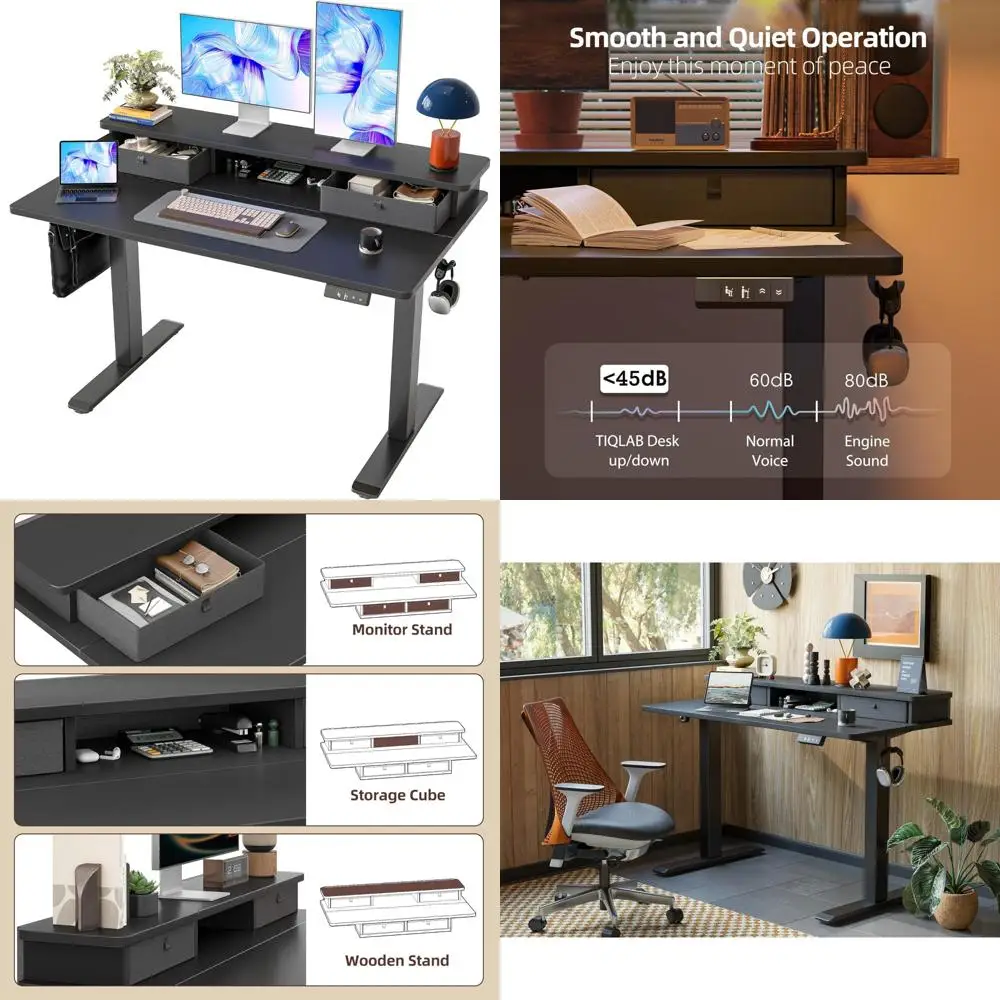 مكتب قائم كهربائي قابل للتعديل بارتفاع 47 × 24 بوصة مع رف تخزين ودرجين