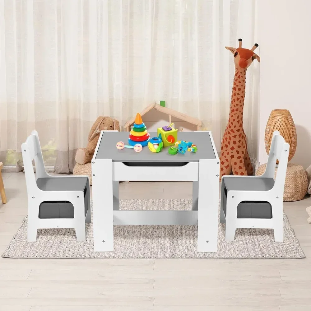 Kindertisch- und 2 Stühle-Set, 3-in-1-Aktivitätstisch aus Holz für Kleinkinder mit Tafel, Stauraum, abnehmbare Tischplatte