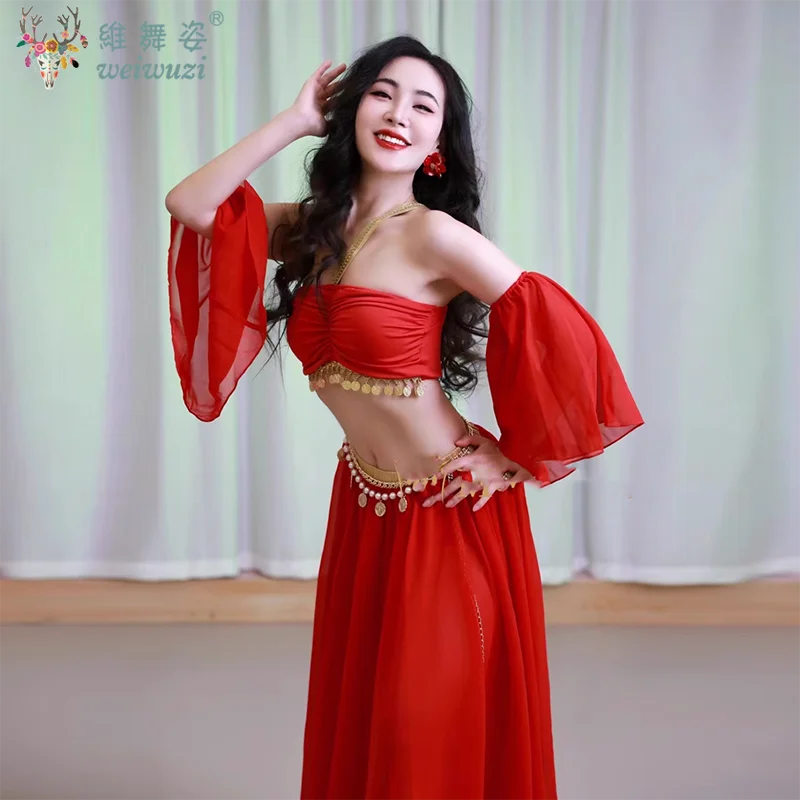 Conjunto de prática de dança do ventre para mulheres, top sem mangas + saia longa dividida sexy + mangas, trajes de performance de dança oriental para adultos