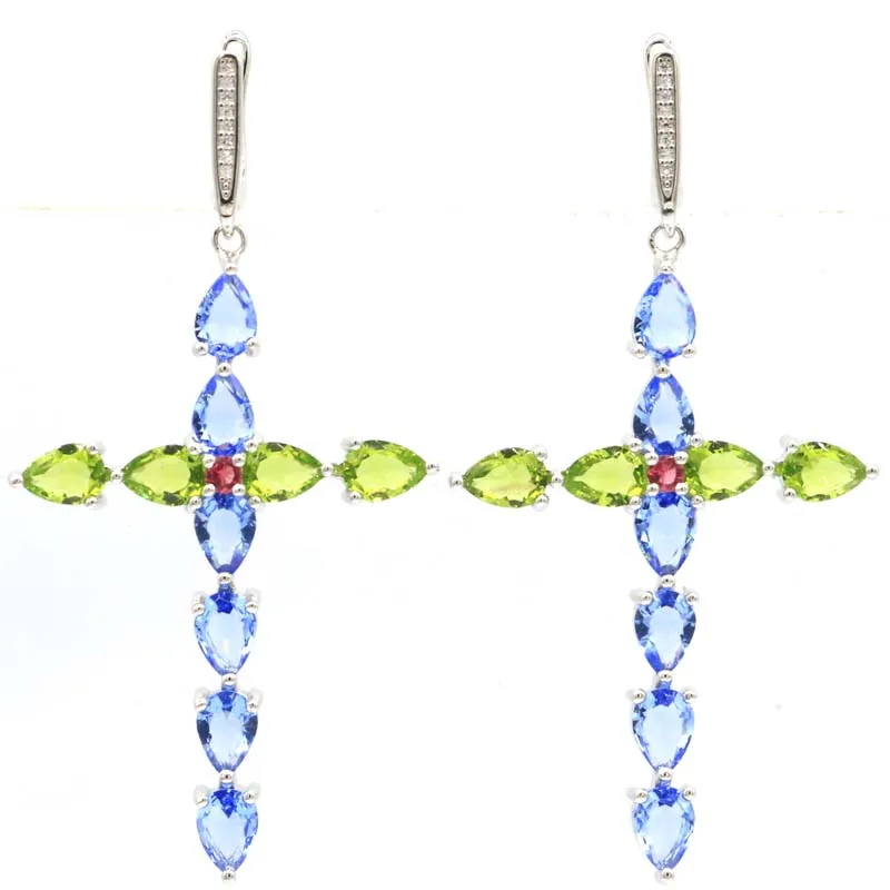 

66x35mm Multi Color Long Cross Peridot Violet Tanzanite Rhodolite Garnet Women Wedding Silver Earrings