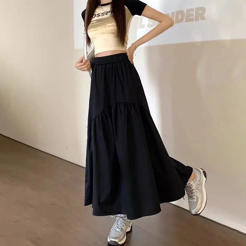 New Korean Style Fashionable Design Pleated Stitching Elastic Waist Long Skirt