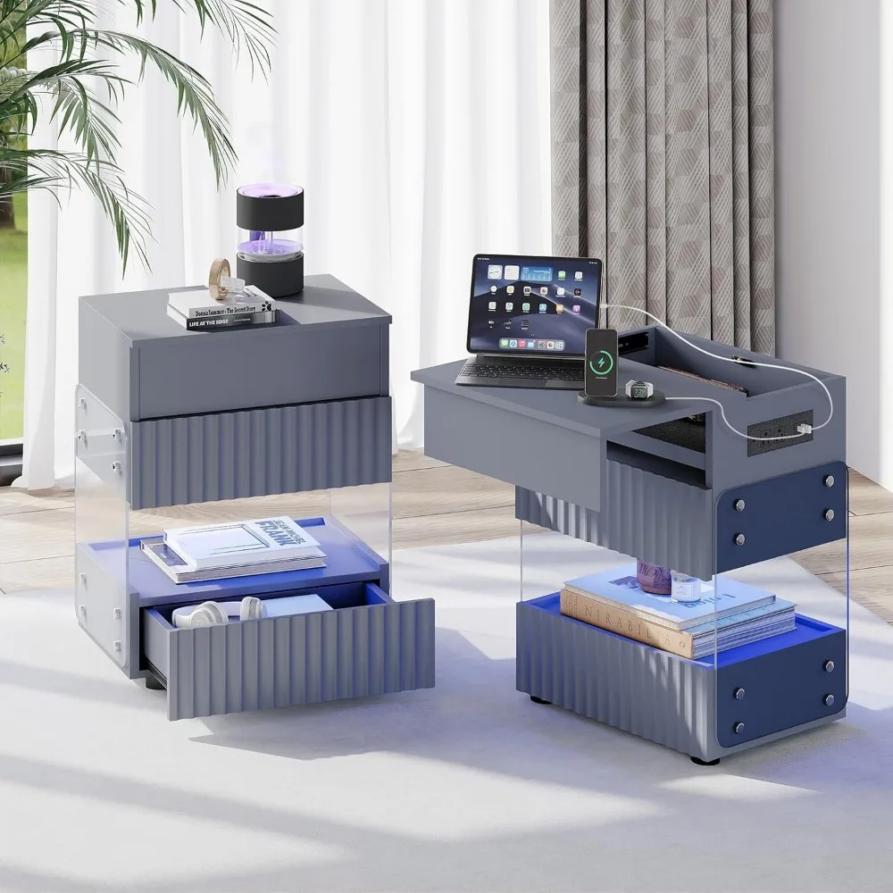 

Exquisite Bedroom LED Nightstand with Gun Drawers, Black Modern Night Stand with USB & Type-C Charging Station, Smart Nightstand