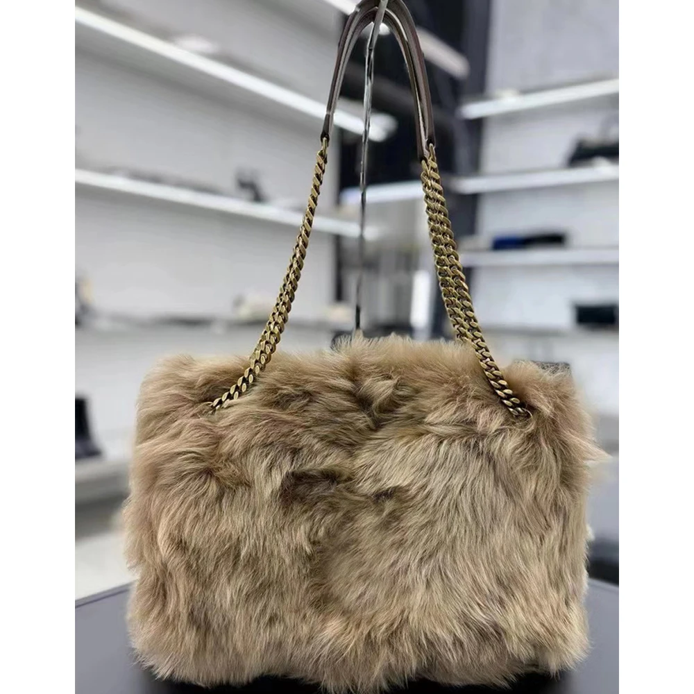 

Autumn Winter Fur Tote Bags for Women Luxury Designer Handbag Warm Plush Shoulder Bag Chains Shopper Purses 2025 New Clutch Lady