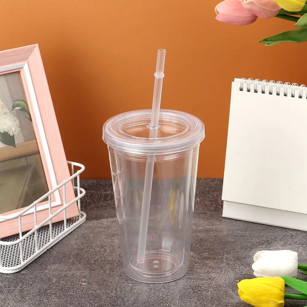 500ml Reusable Double-layer Plastic Transparent Drinking Cup Water Bottle With Lid Straw Cup Outdoor Drink Tea Milk Mug Tools