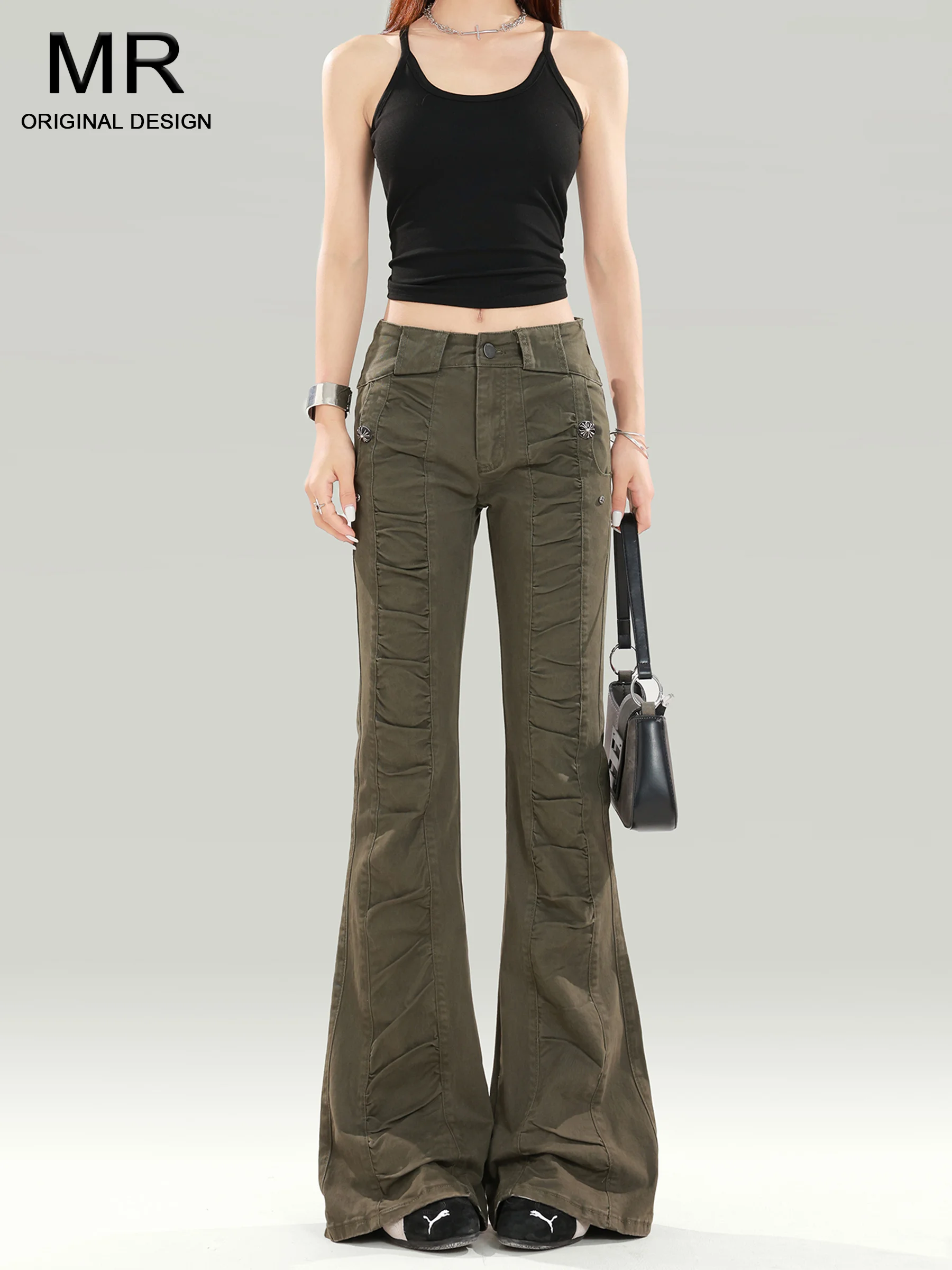 

American Retro Low Waist Flared Jeans Women Early Autumn New Slimming Design Folded Hem Bell Bottoms Casual High Waist Jeans