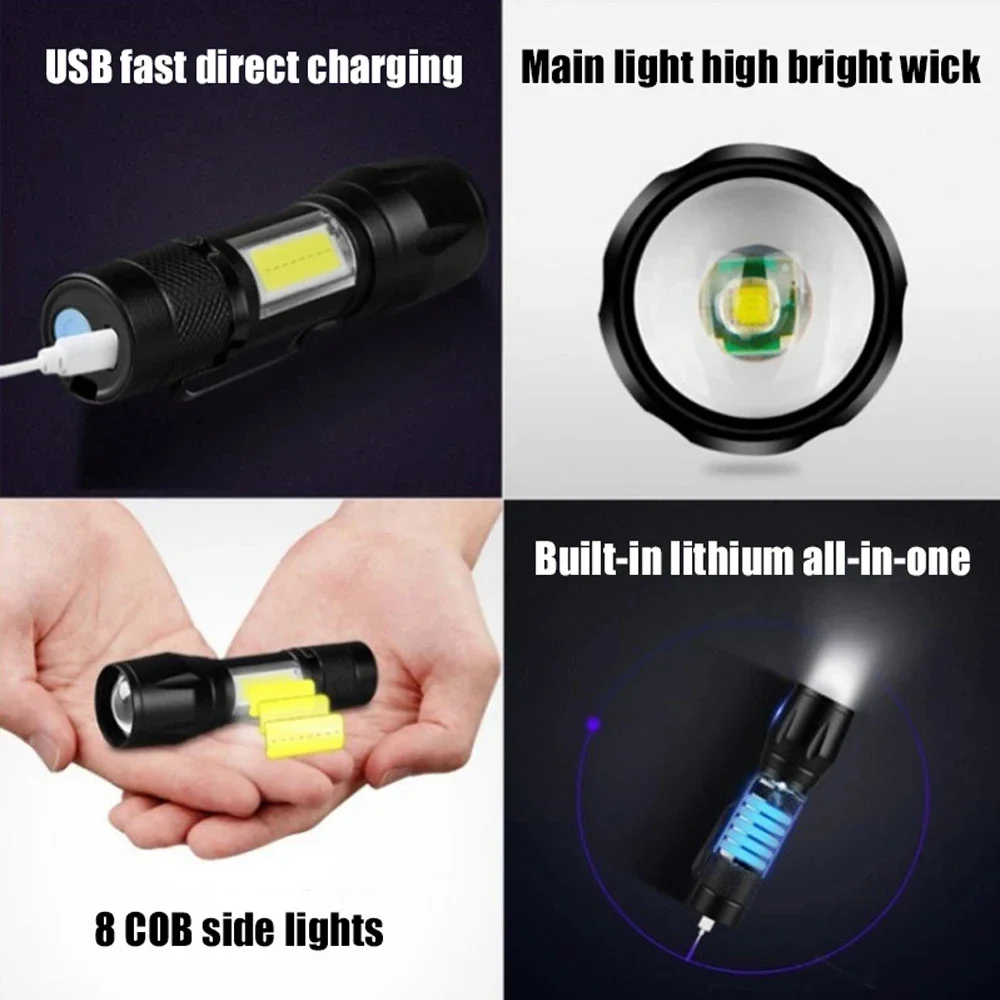 Mini Portable LED Torch USB Rechargeable Built-in Battery Zoomable Focus Flashlight Outdoor Camping Emergency Long Range Lantern