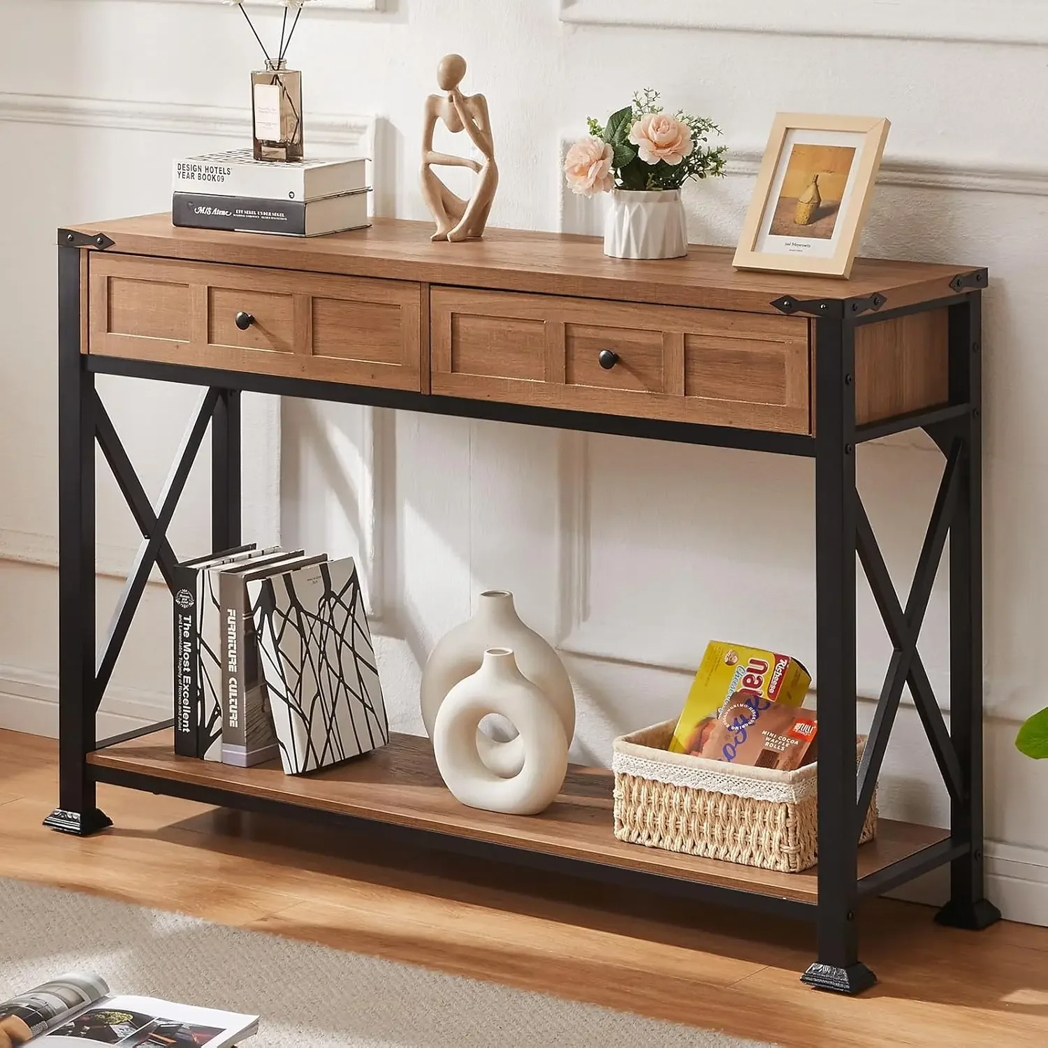 Entryway Table,Rustic Console Table with 2 Drawers, Industrial Console Tables with Storage for Entryway, Hallway, Living Room,Br