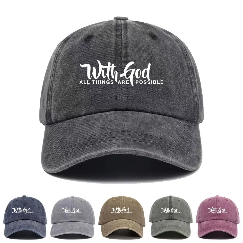 Vintage Washed Baseball Cap With God All Things Are Possible Print Graphic Unisex Streetwear Casual Trucker Style Cotton Sun Hat